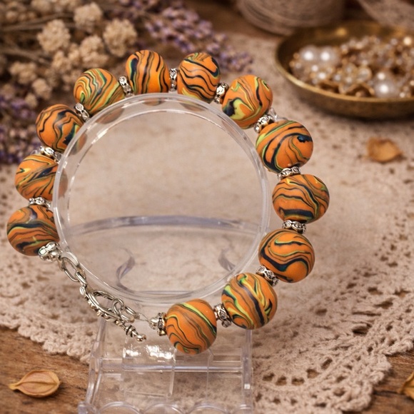 Handmade Marbled Polymer Clay Bead Bracelet - Orange & Green Swirl - Picture 2 of 9
